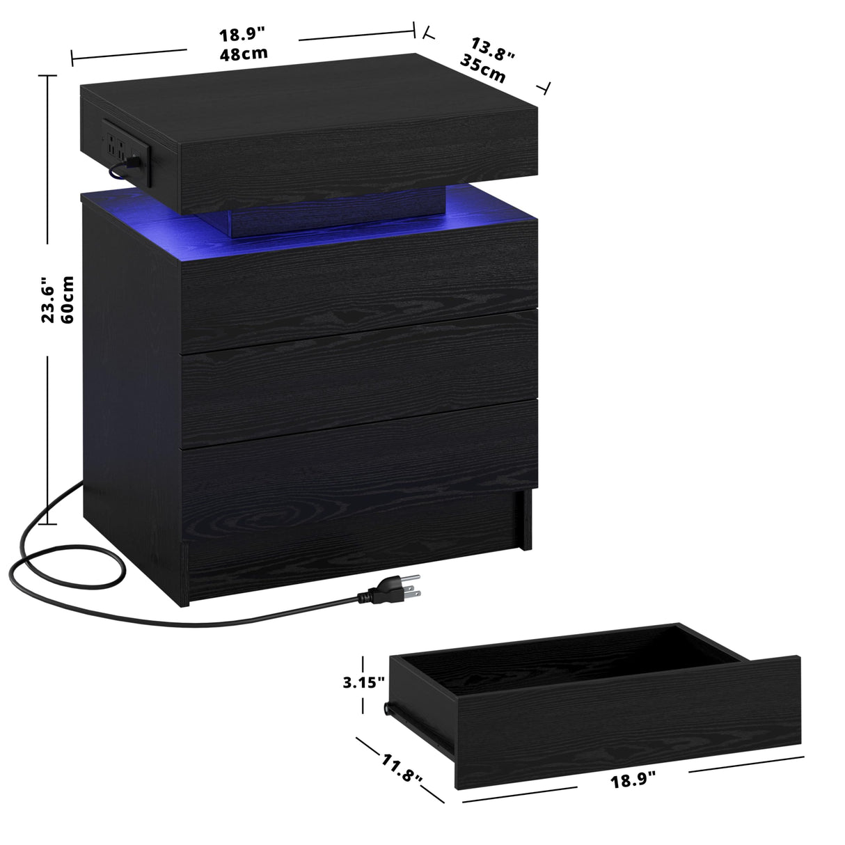 LIKIMIO Night Stand with Charging Station, Modern Black Nightstand with LED Light and 3 Drawers, Bedside Tables/End Table for Bedroom LIKIMIO