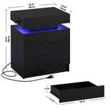 LIKIMIO Night Stand with Charging Station, Modern Black Nightstand with LED Light and 3 Drawers, Bedside Tables/End Table for Bedroom LIKIMIO