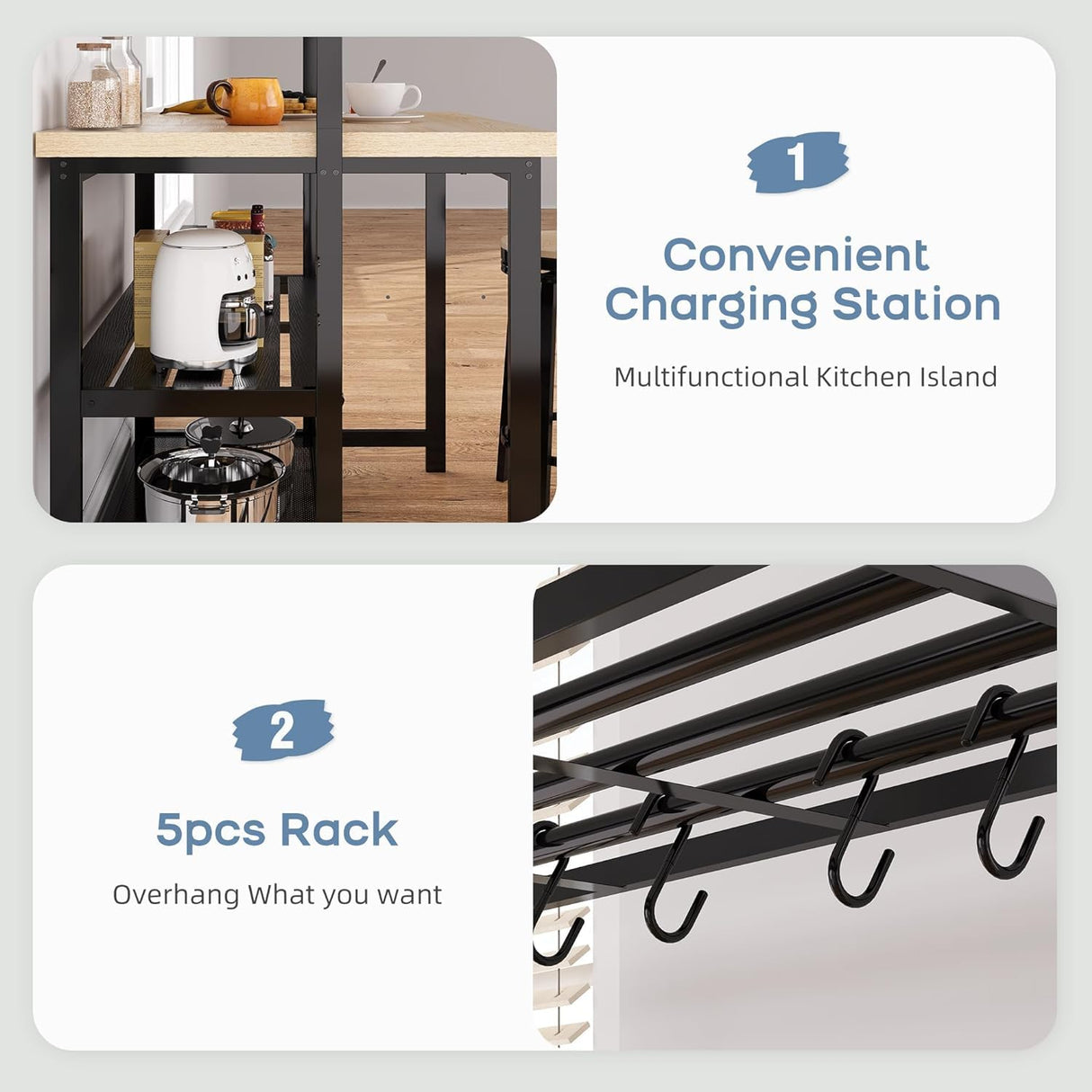 kitchen Island, Bakers Rack, Island Table for Kitchen,3 Tier Microwave Stand Oven Shelf with Storage, Storage Shelf for Kitchen Dining Room Living Room,5 Hooks (Pear Wood and White, 43.7*27.9*72) GAOMON