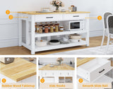 47.3" Solid Rubberwood Kitchen Island with Power Outlets - Extra Large Work Surface, 2 Drawers & Open Shelves Storage Cabinet for Kitchen Dining Room, Farmhouse Style (White) DynJest