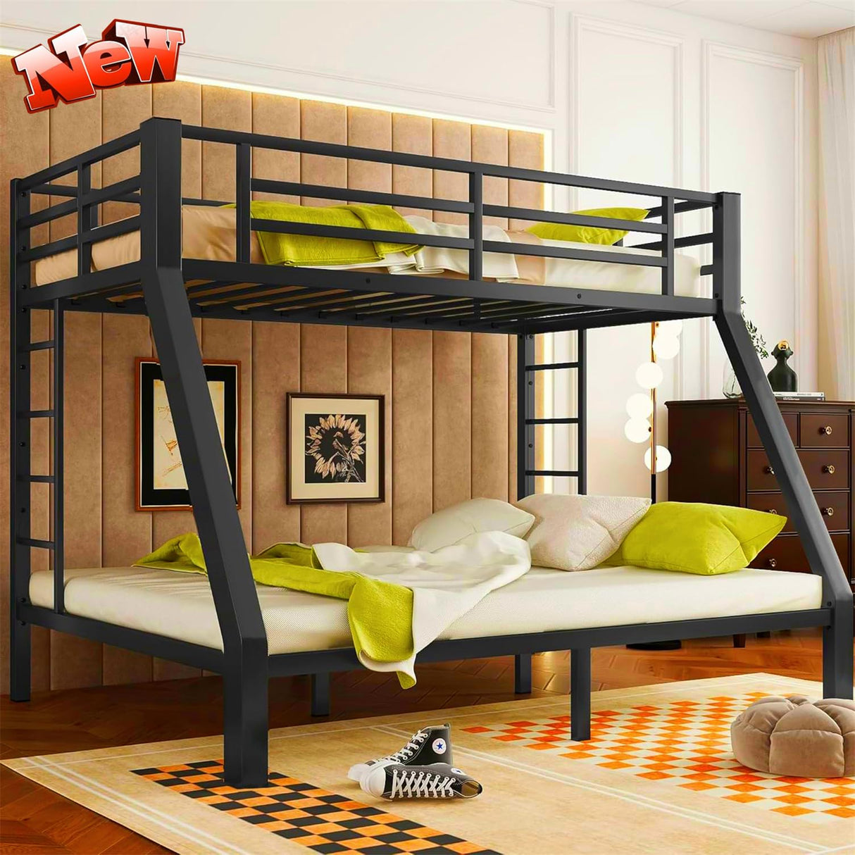 TIHWOALL Latest Upgrade & Stronger Twin XL Over Queen Bunk Bed, Heavy Duty Thickened More Rust-Proof Metal Steel Bunk Queen Bed with Enhanced Legs & Slats (Easier Assembly) (Twin XL Over Queen) TIHWOALL