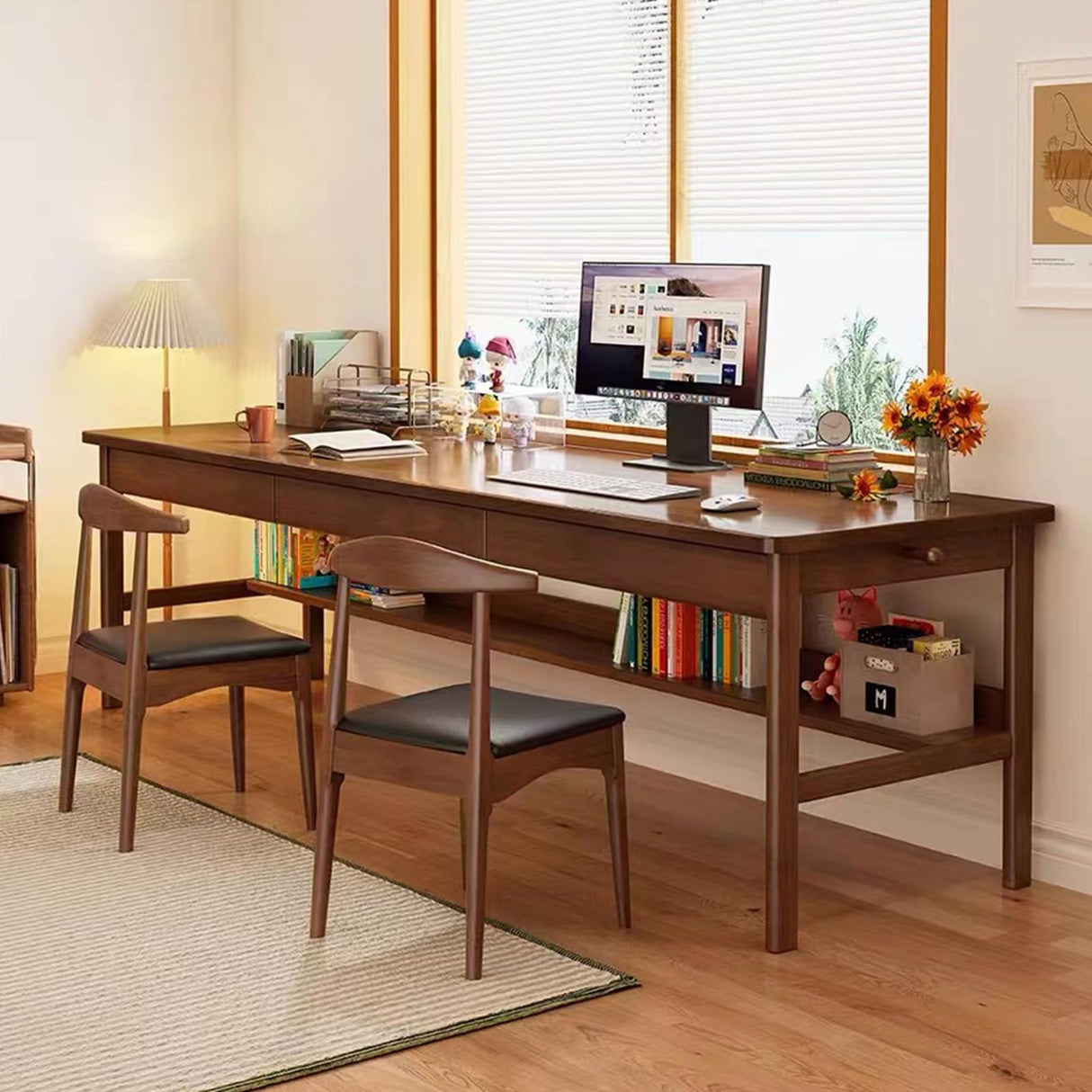 Ytaoka 70.86" Long Solid Wood Desk with 3 Drawers Home Office Computer Desk Mid Century Modern Desk Large Study Writing Desk Simple Wooden Desk Walnut Real Wood Desk Study Table Workstation Ytaoka