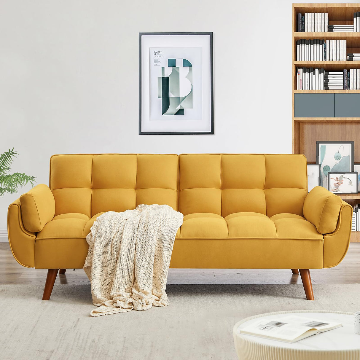 Homies Life Convertible Futon Sofa Bed, Linen Sleeper Couch, 75" W Modern 3 Seater Tufted Sofa with Adjustable Backrests and Solid Wood Legs for Small Spaces, Living Room, Bedroom, Golden Yellow Homies Life