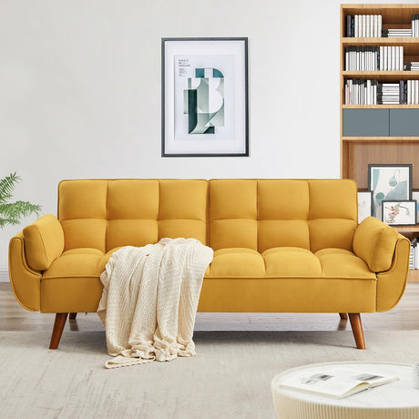 Homies Life Convertible Futon Sofa Bed, Linen Sleeper Couch, 75" W Modern 3 Seater Tufted Sofa with Adjustable Backrests and Solid Wood Legs for Small Spaces, Living Room, Bedroom, Golden Yellow Homies Life