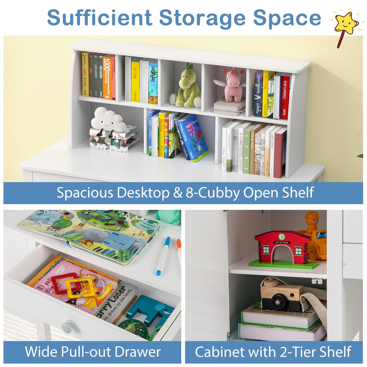 Costzon Kids Desk and Chair Set, Wooden Kids Study Desk with Hutch, Large Cabinet & Drawer for Writing, Reading, Drawing, Student Computer Workstation for Home School, Desk for Kids Ages 3+ (White) Costzon