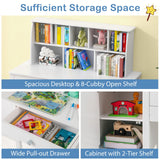 Costzon Kids Desk and Chair Set, Wooden Kids Study Desk with Hutch, Large Cabinet & Drawer for Writing, Reading, Drawing, Student Computer Workstation for Home School, Desk for Kids Ages 3+ (White) Costzon