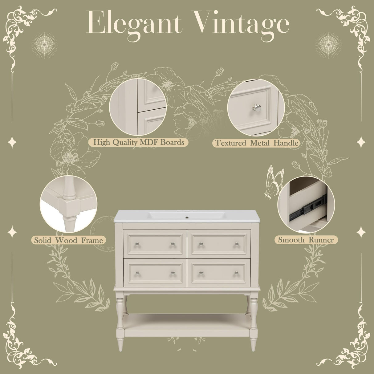 Merax Country 36" Bathroom Vanity with Sink, Farmhouse Bathroom Vanity Storage Cabinet with 4 Drawers and Open Shelf, Solid Wood Frame Bath Storage Vanity Merax