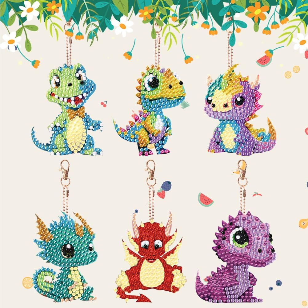 JBTM24 Diamond Painting Keychains Kits, Double Sided Diamond Art Keyrings for Adults, DIY Art Key Rings Ornaments Kits (Dinosaur) JBTM24
