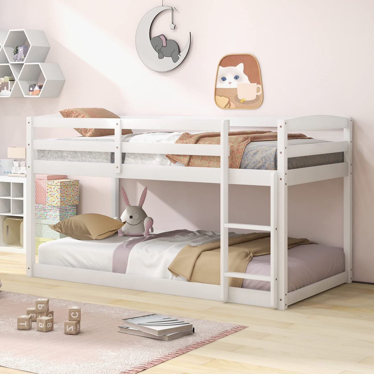 Giantex Twin Low Bunk Bed Frame - Solid Wood Twin Over Twin with Full Guardrails & Integrated Ladder, Space-Saving Design, White Giantex