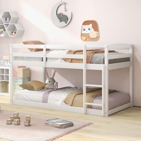 Giantex Twin Low Bunk Bed Frame - Solid Wood Twin Over Twin with Full Guardrails & Integrated Ladder, Space-Saving Design, White Giantex