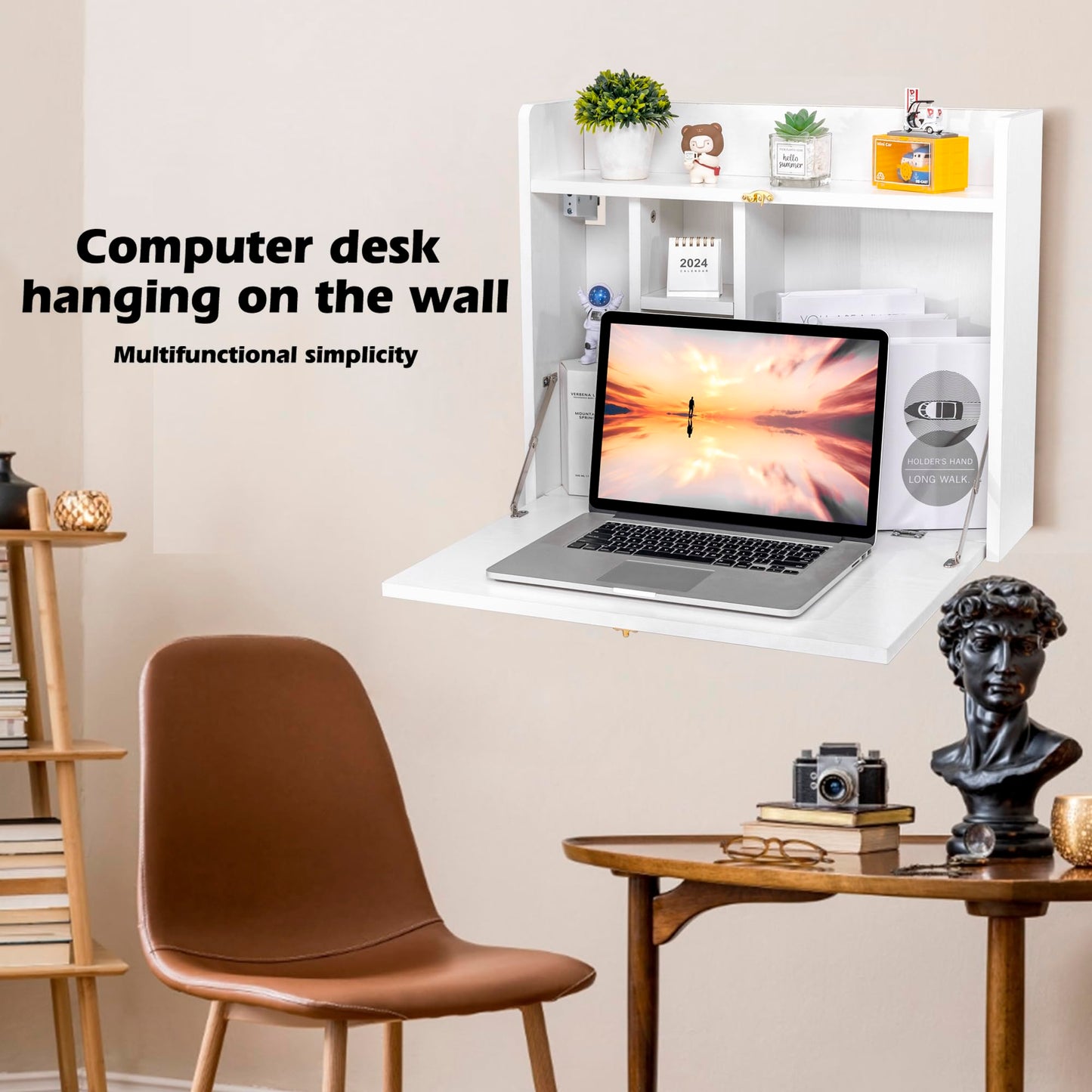 Zvyteay Wall-Mounted Desk Folding Wall Desk Floating Table Wall Mounted Laptop Desk Space Saving Wall Mounted Table with Storage Shelves for Home Office (White) - WoodArtSupply