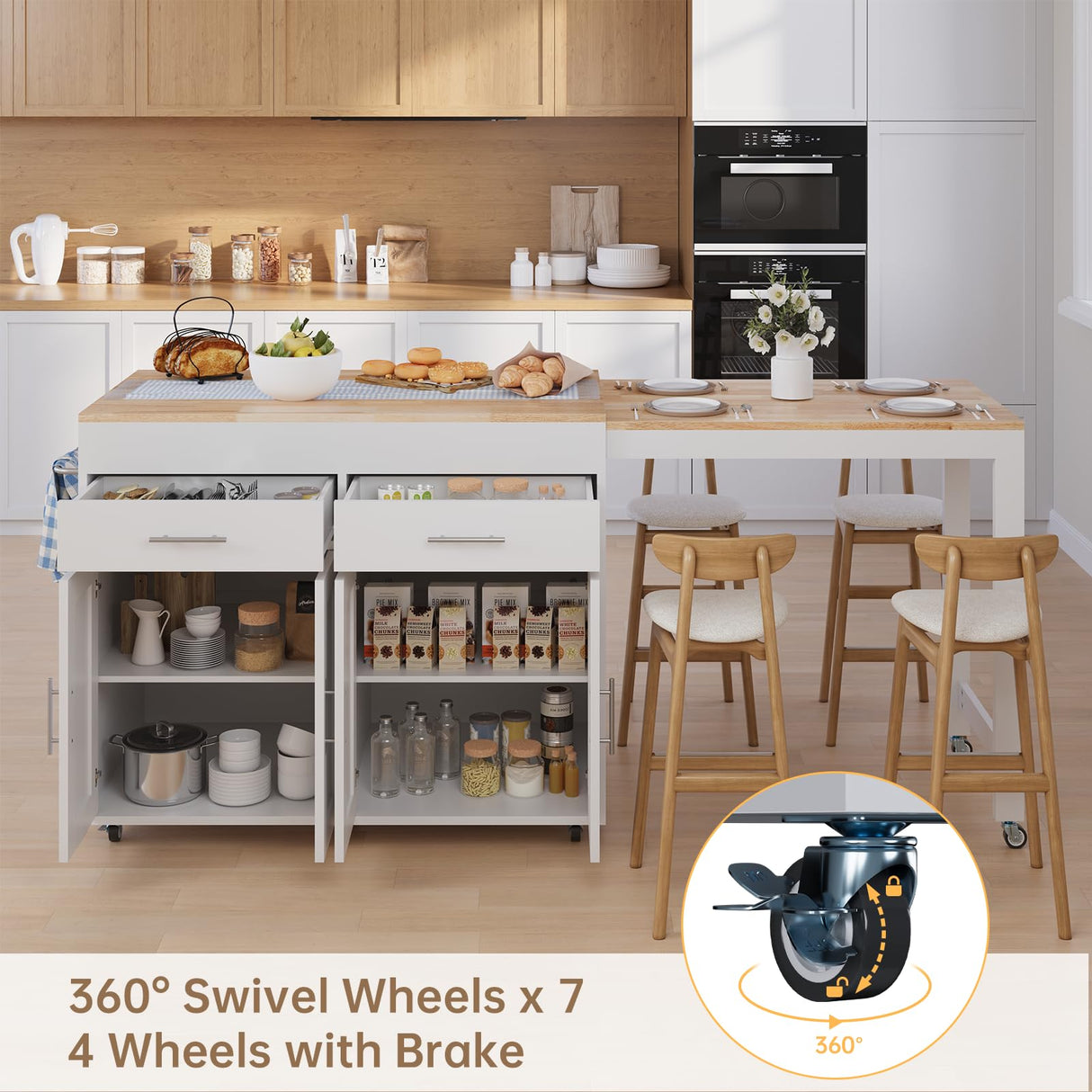 OtterOasis 78" Rolling Kitchen Island with Extendable Table, Mobile Kitchen Islands with Storage for 2-4， 3 in 1 Island Cart on Wheels for Small Space with 2 Drawers & 4 Door Cabinet, White OtterOasis