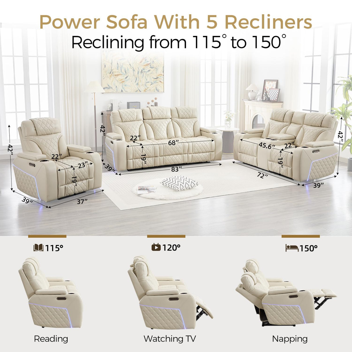 Power Recliner Sofa Set of 3 Pieces with Adjustable Headrest, Wireless Charger for Living Room, Electric Reclining Couch, Faux Leather 3 Seaters and Loveseat and Theater Chair with LED Lights, Beige Comfort Stretch