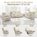 Power Recliner Sofa Set of 3 Pieces with Adjustable Headrest, Wireless Charger for Living Room, Electric Reclining Couch, Faux Leather 3 Seaters and Loveseat and Theater Chair with LED Lights, Beige Comfort Stretch