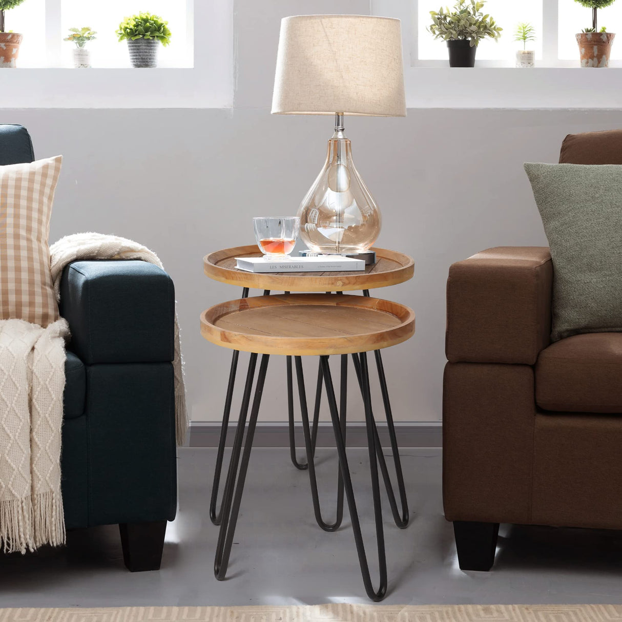 Oakrain Nesting Tables for Living Room, Round Nesting Coffee Table, Farmhouse End Tables Living Room Set of 2, Wood Side Tables Set of 2 for Sofa, Bedroom WoodArtSupply