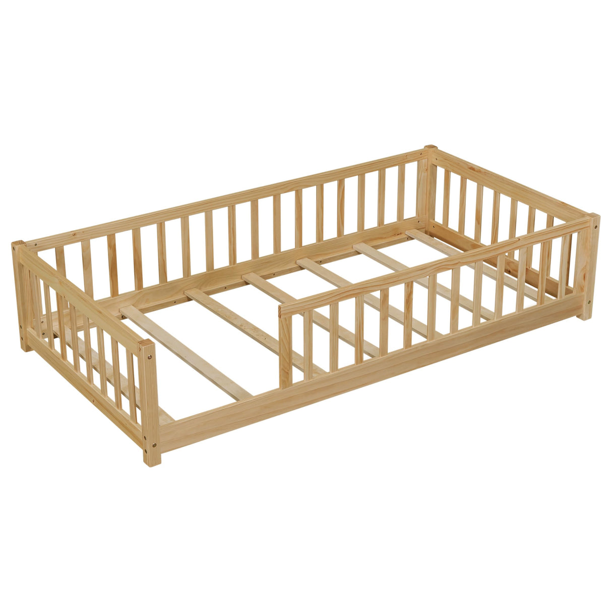 PVWIIK Twin Size Montessori Toddler Floor Bed with Wood Slats for Girls and Boys, Wood Montessori Bed Frame with Safety Guardrails, No Box Spring Needed, Natural PVWIIK