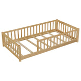 PVWIIK Twin Size Montessori Toddler Floor Bed with Wood Slats for Girls and Boys, Wood Montessori Bed Frame with Safety Guardrails, No Box Spring Needed, Natural PVWIIK