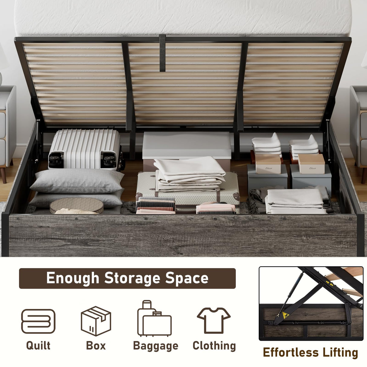 LUXOAK King Size Lift Up Storage Platform Bed Frame, Metal Bed Frame with Wooden Slats Support, No Box Spring Needed, Large Storage Space, Noise Free, Easy Assembly, Rustic Grey LUXOAK