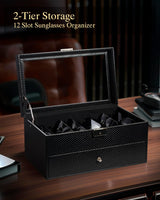 GUKA 2-layer Sunglasses Storage Organizer, 12 Slots Leather Sunglass Box Multiple Pairs Eyeglass Display Case for Women Men, Gift Idea (Black+Black) GUKA