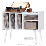 Lerliuo Record Player Stand with Charging Station Holds Up to 220 Albums, Large Turntable Stand with 4 Cabinet, Mid-Century Record Player Table,White Vinyl Holder Storage Shelf for Bedroom Living Room Lerliuo