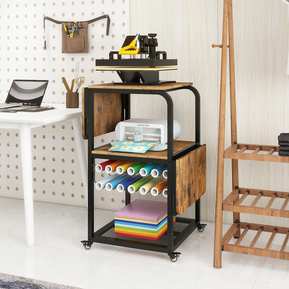 PUNCIA Movable Heat Press Table with Vinyl Roll Holder Table for Heat Press with Folding Shelf DIY Sublimation Transfer Machine Workbench with Storage Rolling Craft Table Heat Press Cart with Wheels PUNCIA