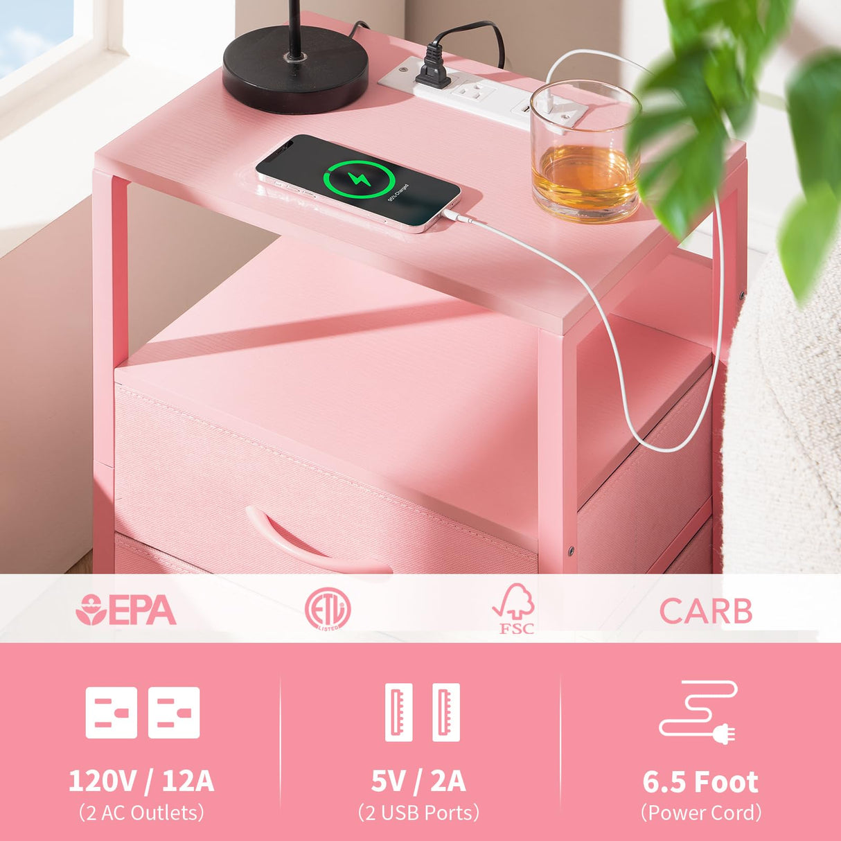 Yoobure Nightstand with Charging Station, LED Night Stand with Fabric Drawers and Storage Shelf for Bedroom, Nightstands Bedside Tables with USB Ports & Outlets, Small Night Stands, Bed Side Table Yoobure