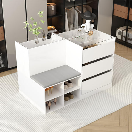 TAMUNE Armoire Bedroom Island Wardrobe Closet Island with 9 Drawers & Glass Tabletop, Islands Dresser with Bench, Closet Islands for Bedroom Cloakroom White (47.2”W x 27.5”D x 31.5”H) TAMUNE
