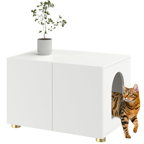 Amunrbrek Small Litter Box Enclosure, Sleek Modern Cat Litter Box Cabinet Furniture, Wooden Cat House, End Table (White) amunrbrek
