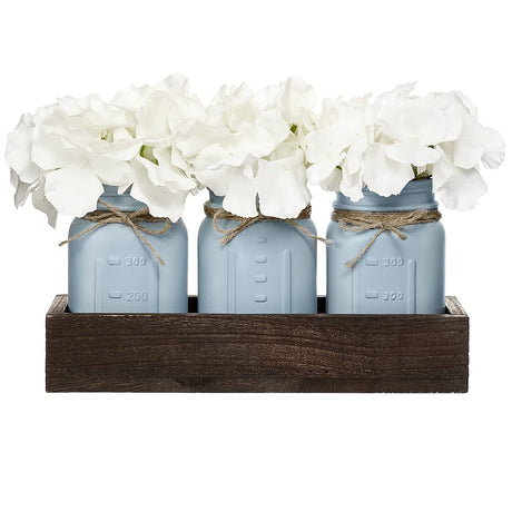 Mkono Mason Jar Centerpiece Decorative Wood Tray with 3 Painted Jars Artificial Flowers Rustic Country Farmhouse Thanksgiving Decoration for Coffee Table Dining Room Living Room Kitchen Mkono