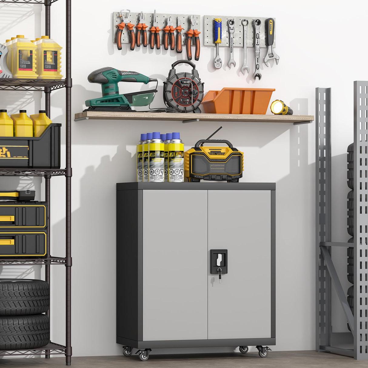 GREATMEET Metal Storage Cabinet with Locking Doors,Steel Storage Cabinet with Wheels Suit for Home Office with 1 Adjustable Shelf for Files, Black&Grey GREATMEET