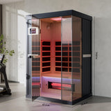 OnxyEdge 2-Person Full Spectrum Infrared Sauna with 12 * 12" Red Light Therapy & 2 Built-in Speakers, Indoor Dry Sauna 1990W/120V with Dual LED Controls for Home & Gym – Canadian Hemlock Spa Room EXTRAFEIN