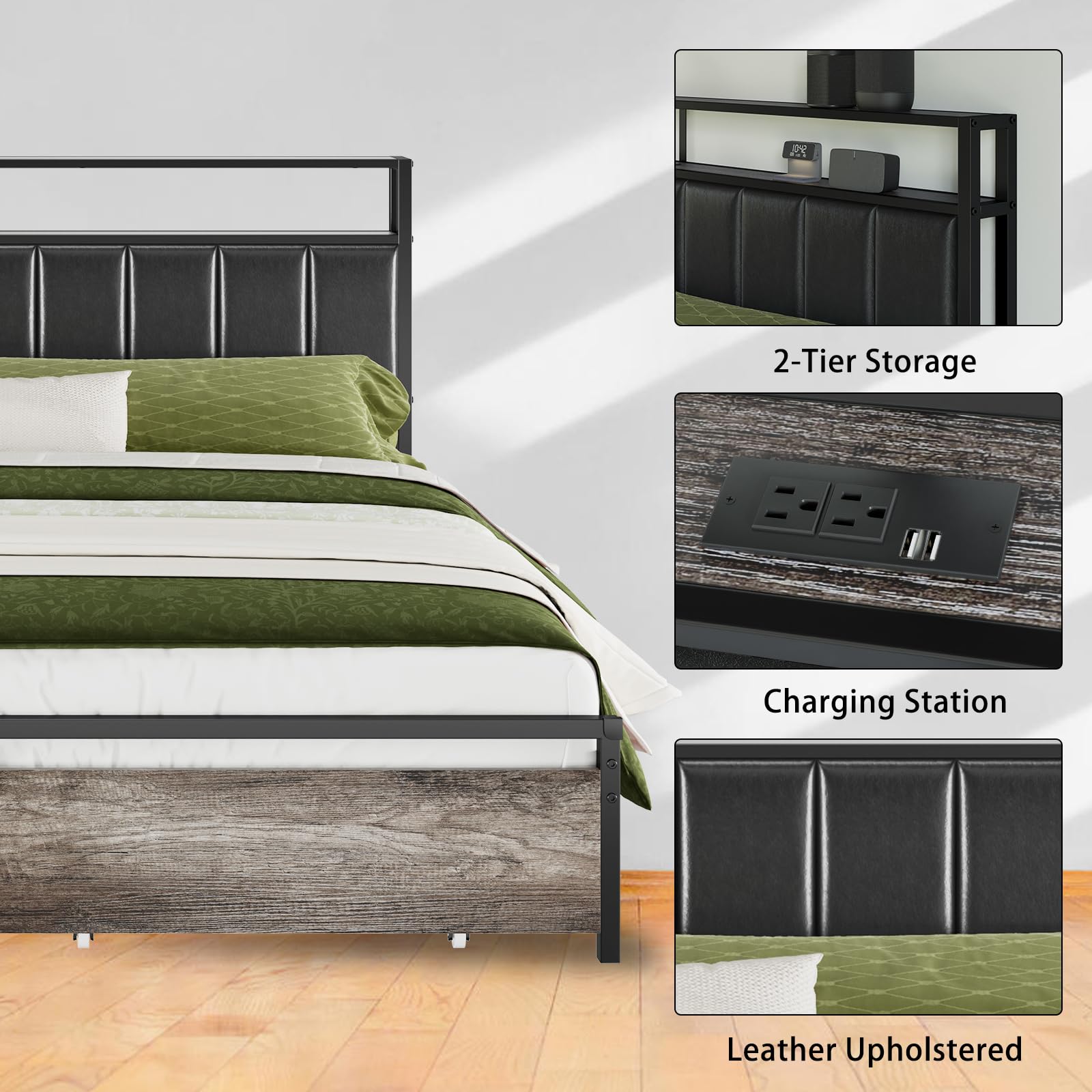 AMERLIFE Rustic Grey LED King Bed Frame with Storage Drawers & Charging Station Headboard - WoodArtSupply