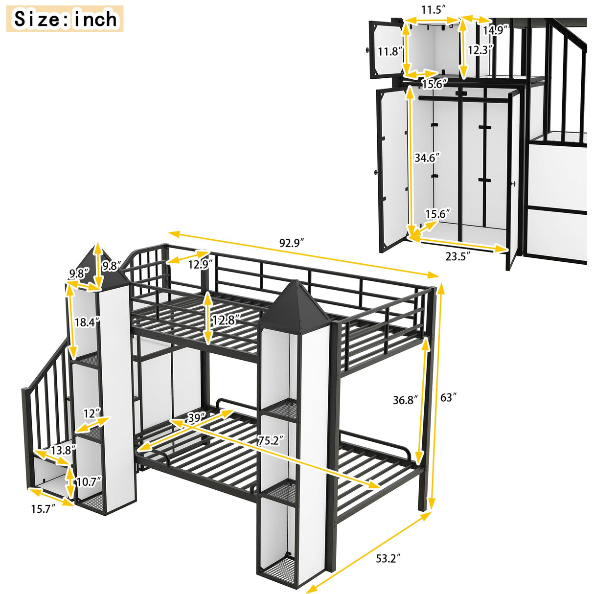 Harper & Bright Designs Twin Over Twin Metal Bunk Bed with Stairs and Storage Wardrobe, Castle-Shaped Bunk Bed Heavy-Duty Steel Frame, Noise Free,for Kids Teens Adults, Black+White Harper & Bright Designs