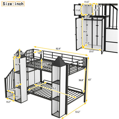 Harper & Bright Designs Twin Over Twin Metal Bunk Bed with Stairs and Storage Wardrobe, Castle-Shaped Bunk Bed Heavy-Duty Steel Frame, Noise Free,for Kids Teens Adults, Black+White