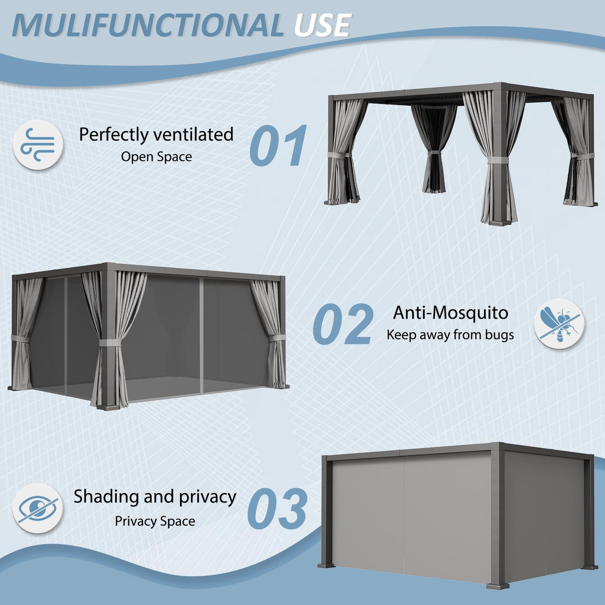 Aoxun Louvered Pergola 12' x 16' Outdoor Aluminum Pergola Adjustable Roof, with Waterproof Curtains and Nets, for Decks, Gardens, Gray Aoxun