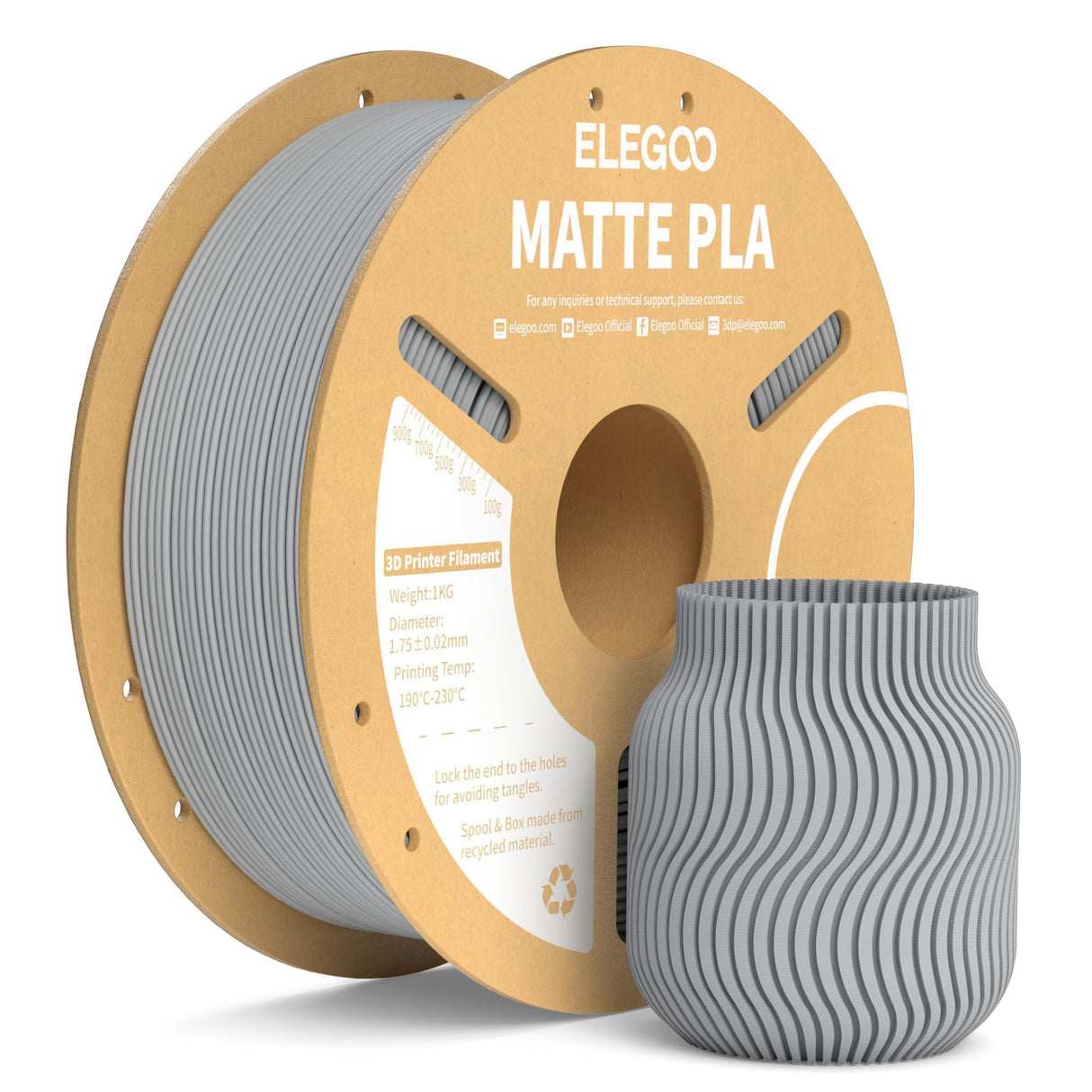ELEGOO Matte PLA Filament Slate Gray 1KG, 1.75mm 3D Printer Filament Dimensional Accuracy +/- 0.02mm, 1kg Carboard Spool (2.2lbs) for Most FDM 3D Printers ELEGOO