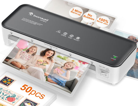 Bonsaii Laminator Machine, 9 Inch Laminators Machine with 50 Laminating Sheets, Laminator with Never Jam Technology for Doc/Posters/Photo, Simple Convenient for Home, Office and School - L418-C Grey bonsaii