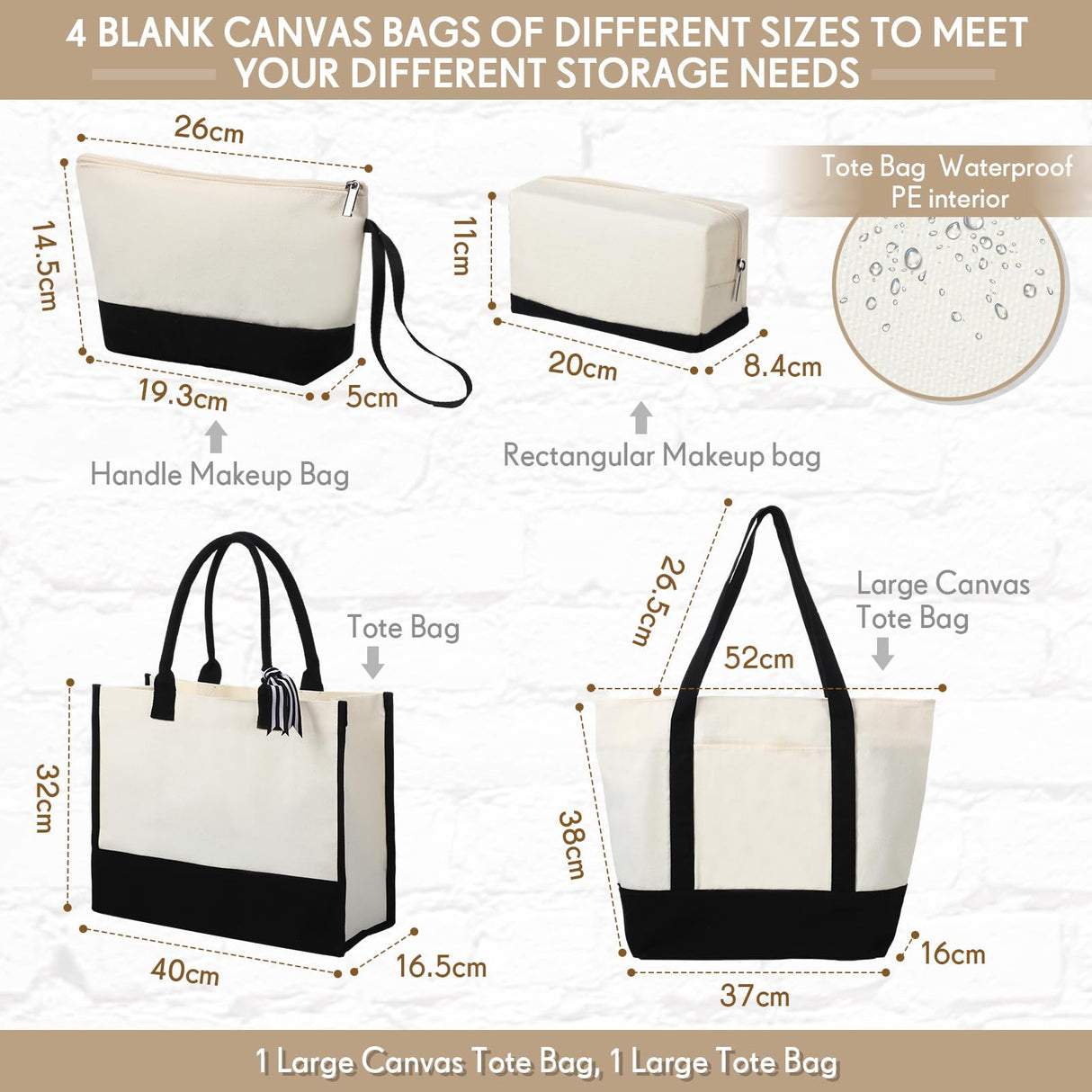 Sanwuta 4 Pack Sublimation Canvas Tote Bags DIY Canvas Makeup Bags Reusable Grocery Bags with Handles Cosmetic Bag(Black White) Sanwuta