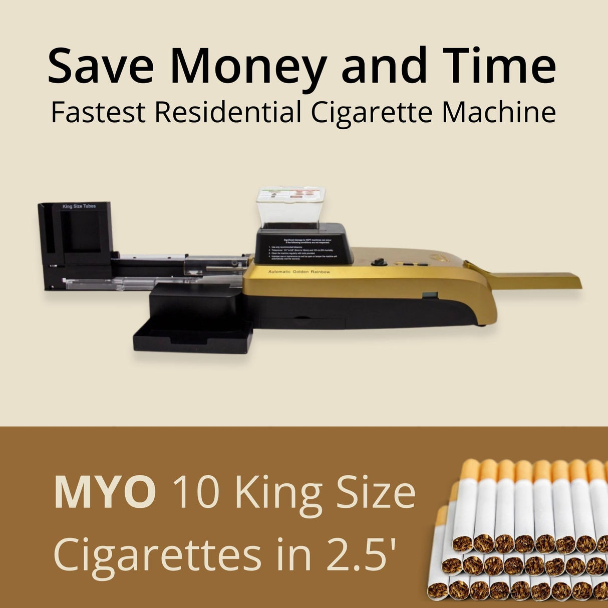 HSPT Golden Rainbow Electric Cigaretterolling Machine - Fully Automatic Tobacco Injector Roller for MYO King Size Cigarettes, with Adjustable Density, Counter, Jam Protection, Loads 10 Tubes at a Time HSPT Golden Rainbow