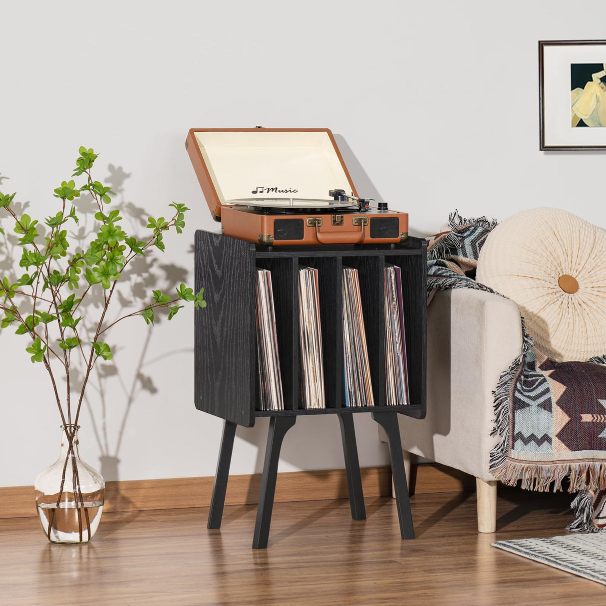 LELELINKY Record Player Stand,Black Vinyl Record Storage Table with 4 Cabinet Up to 100 Albums,Mid-Century Turntable Stand with Wood Legs,Vinyl Holder Display Shelf for Living Room LELELINKY