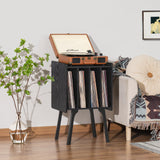 LELELINKY Record Player Stand,Black Vinyl Record Storage Table with 4 Cabinet Up to 100 Albums,Mid-Century Turntable Stand with Wood Legs,Vinyl Holder Display Shelf for Living Room LELELINKY