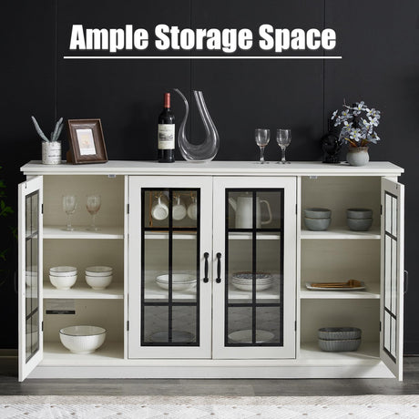 AMERLIFE 63" Sideboard, 6 Adjustable Shelves Sideboard Buffet Cabinet with 4 Doors, Accent Storage Credenzas for Dining Room, Living Room, Distressed White AMERLIFE