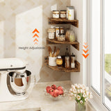 Homode Corner Shelf Wall Mount, Set of 3 Floating Corner Shelves with Cord Hole, 3 Tier Wood Wall Display Shelf, Storage for Bathroom Living Room Kitchen Bedroom, Rustic Brown and Black Homode