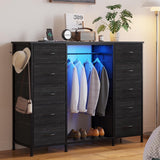 LUMTOK 55" W 2-in-1 Dresser with Hanging Rack, 10 Drawers Dresser for Bedroom,Dressers with Fabric Drawers,LED Lights, Charging Station and Hanging Racks for Bedroom LUMTOK