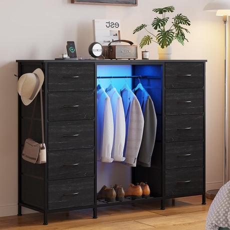 LUMTOK 55" W 2-in-1 Dresser with Hanging Rack, 10 Drawers Dresser for Bedroom,Dressers with Fabric Drawers,LED Lights, Charging Station and Hanging Racks for Bedroom LUMTOK