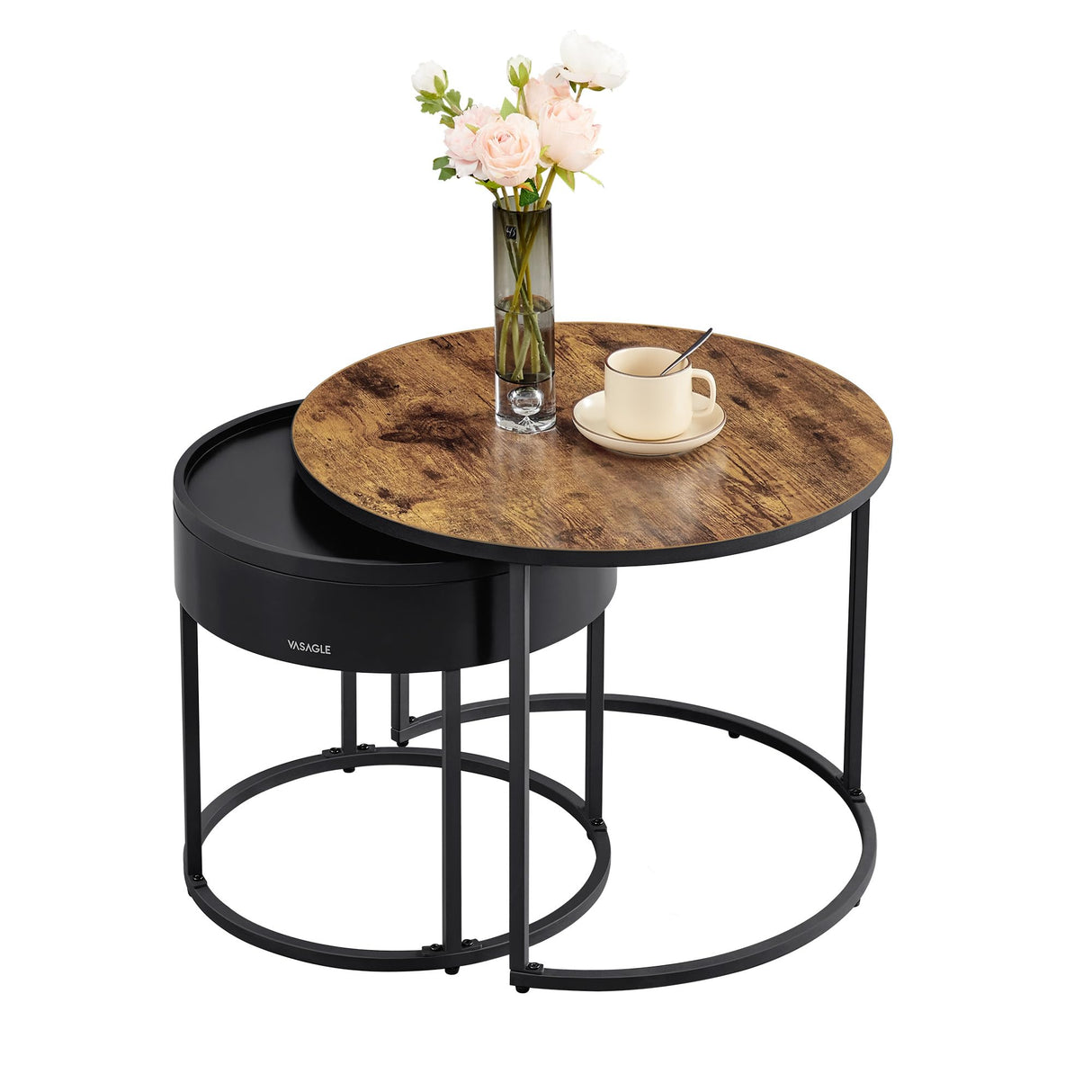 VASAGLE Round Coffee Tables, Set of 2 Nesting Tables, Modern Round Side Tables with Hidden Storage and Top Tray, for Living Room, Bedroom, Office, Rustic Brown and Ink Black ULCT044K01 VASAGLE