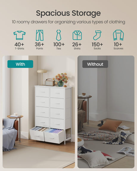 SONGMICS Dresser for Bedroom, Chest of Drawers, Steel, MDF, 10 Non-Woven Fabric Drawers, Storage Organizer Unit, Closet, Entryway, Cloud White and Snow White ULGS125W01S SONGMICS