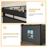 ADORNEVE Low Loft Bed Twin Size with 7 Storage Drawers, Bookcase and LED Lights, Metal Kids Loft Bed with 14" H Safety Guardrail,Inclined Ladder and Play Curtain, Under-Bed Play Space, Black ADORNEVE