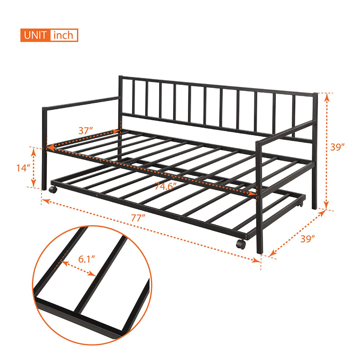 Metal Daybed with Trundle, Twin Size Day Bed Frame with Pullout Trundle, Heavy-Duty Daybed for Living Room Bedroom Kids Teens and Adults, Black Bellemave