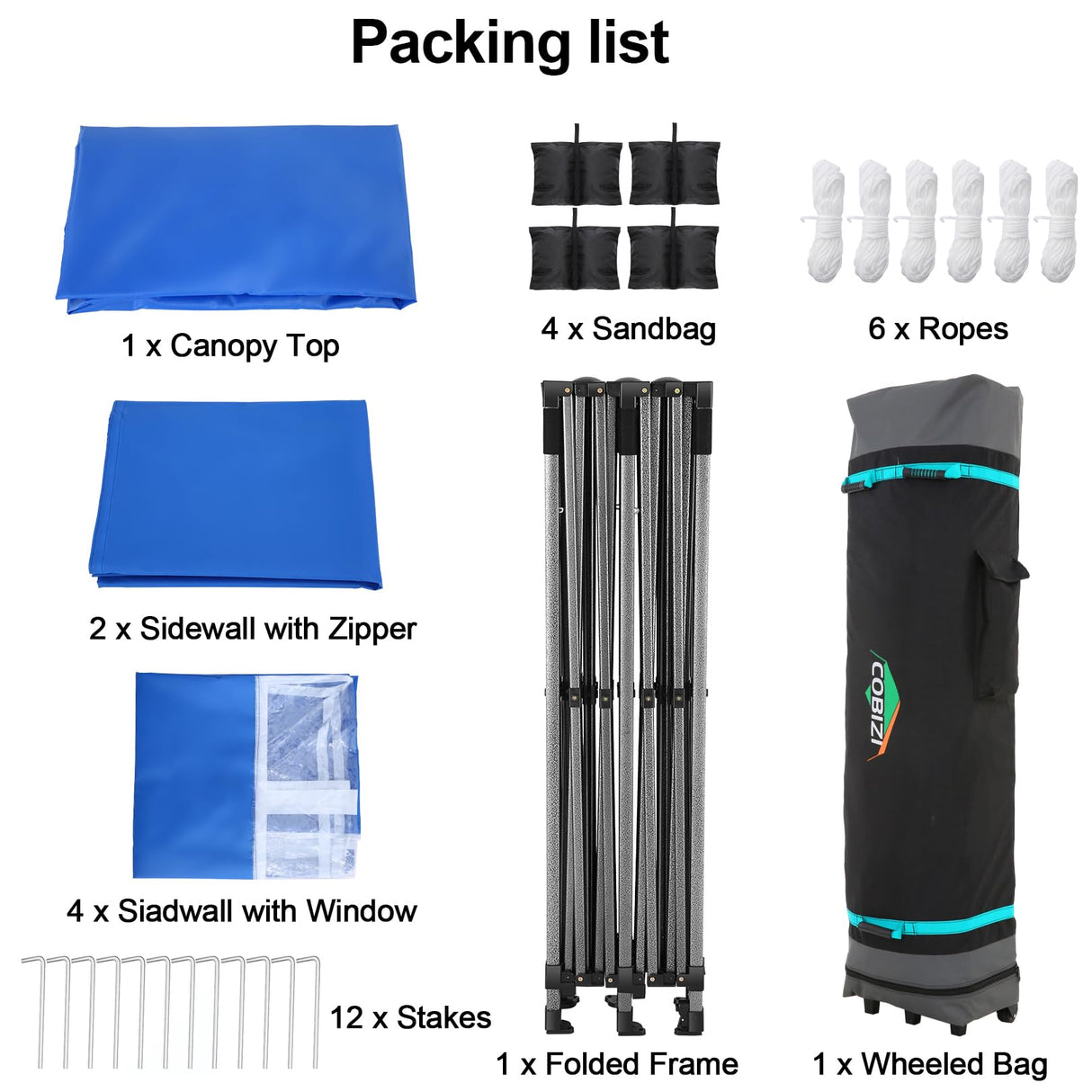 COBIZI 10x20 Pop up Canopy Tent 10x20 Canopy with 6 Sidewalls Waterproof Heavy Duty Commercial Canopy Tent for Parties Outdoor Tent Garden Gazebo Tent, Carry Bag with Wheel(10x20ft, Blue) COBIZI